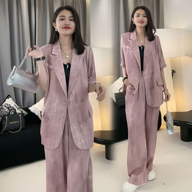 2025夏季胖mm薄款西装套装女大码韩版宽松西服阔腿裤两件套200斤