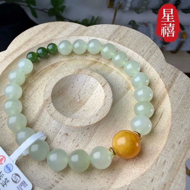 和田玉冰晴水搭配蜜蜡顶珠手链简约百搭