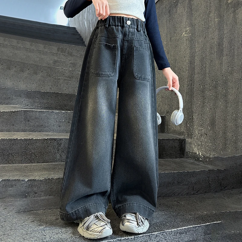 女童牛仔阔腿裤春秋款2025新款洋气儿童秋季长裤女孩裤子大童秋装