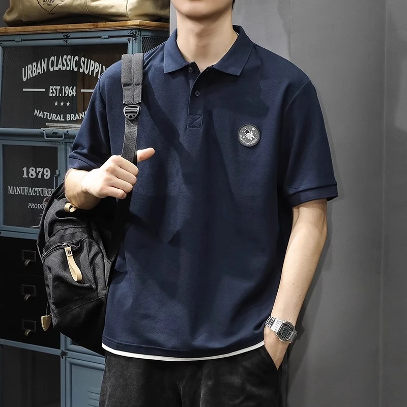 潮龛夏季重磅假两件Polo衫短袖t恤男宽松男士潮牌新款半袖体恤衫