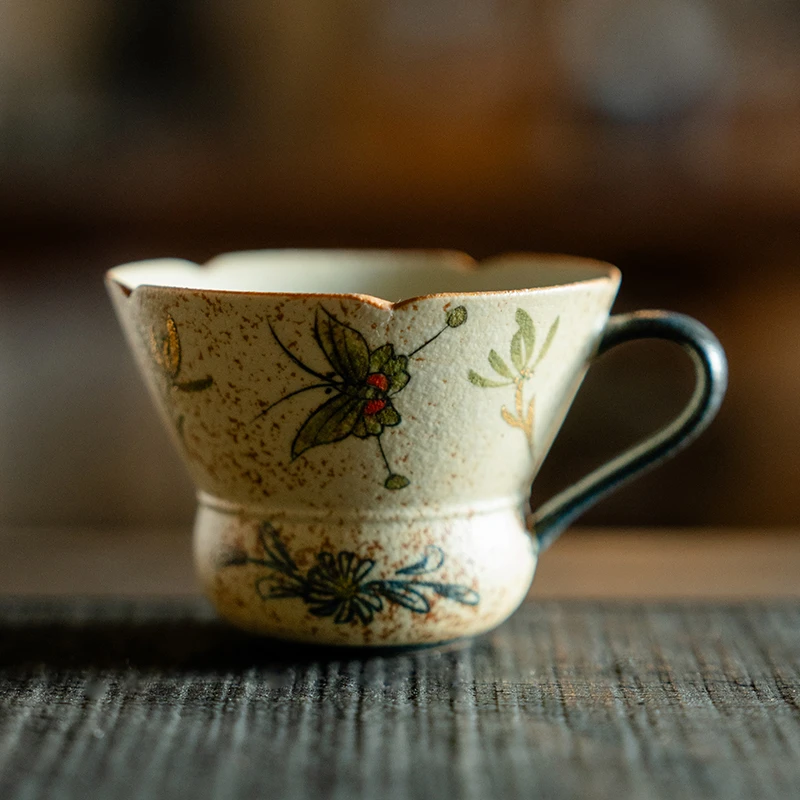 德白青花火石红陶瓷把杯描金纯手绘蝴蝶兰花复古风茶杯主人杯中式