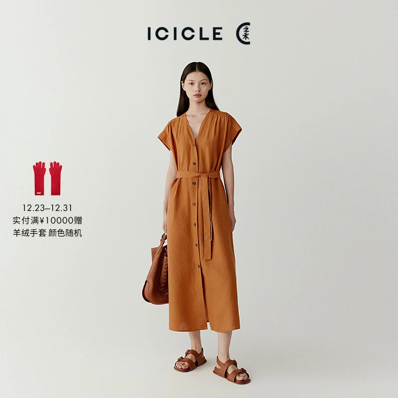 【进口亚麻】ICICLE之禾女装亚麻平纹时尚V领短袖长款连衣裙1082