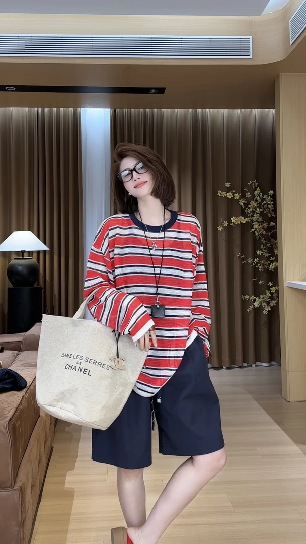 YYOUHAN 2025夏款小众设计极简风红色条纹针织长袖T恤 2504C2132