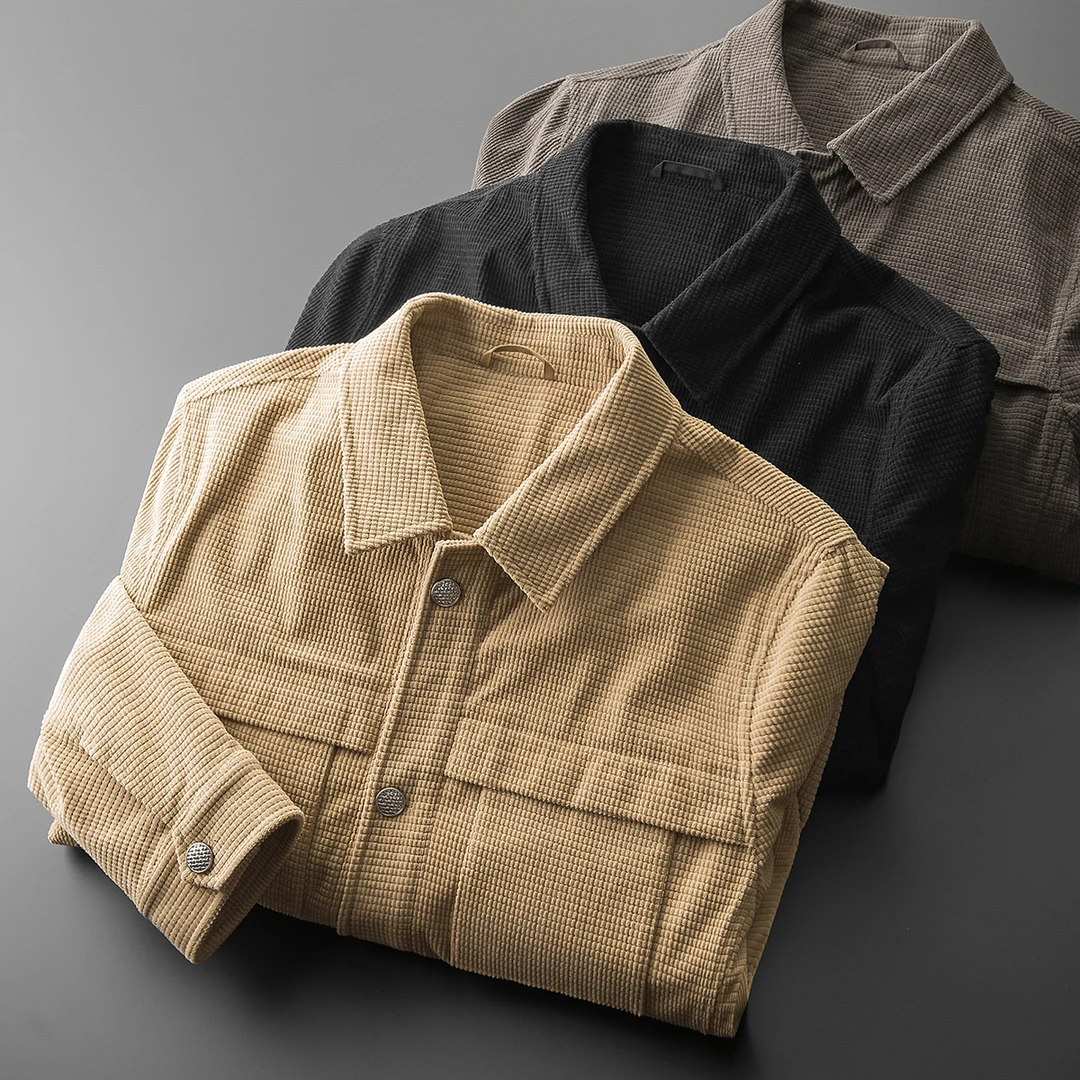 狄佛蒙特秋冬男装茄克舒适肌理华夫格灯芯绒男士修身翻领休闲夹克