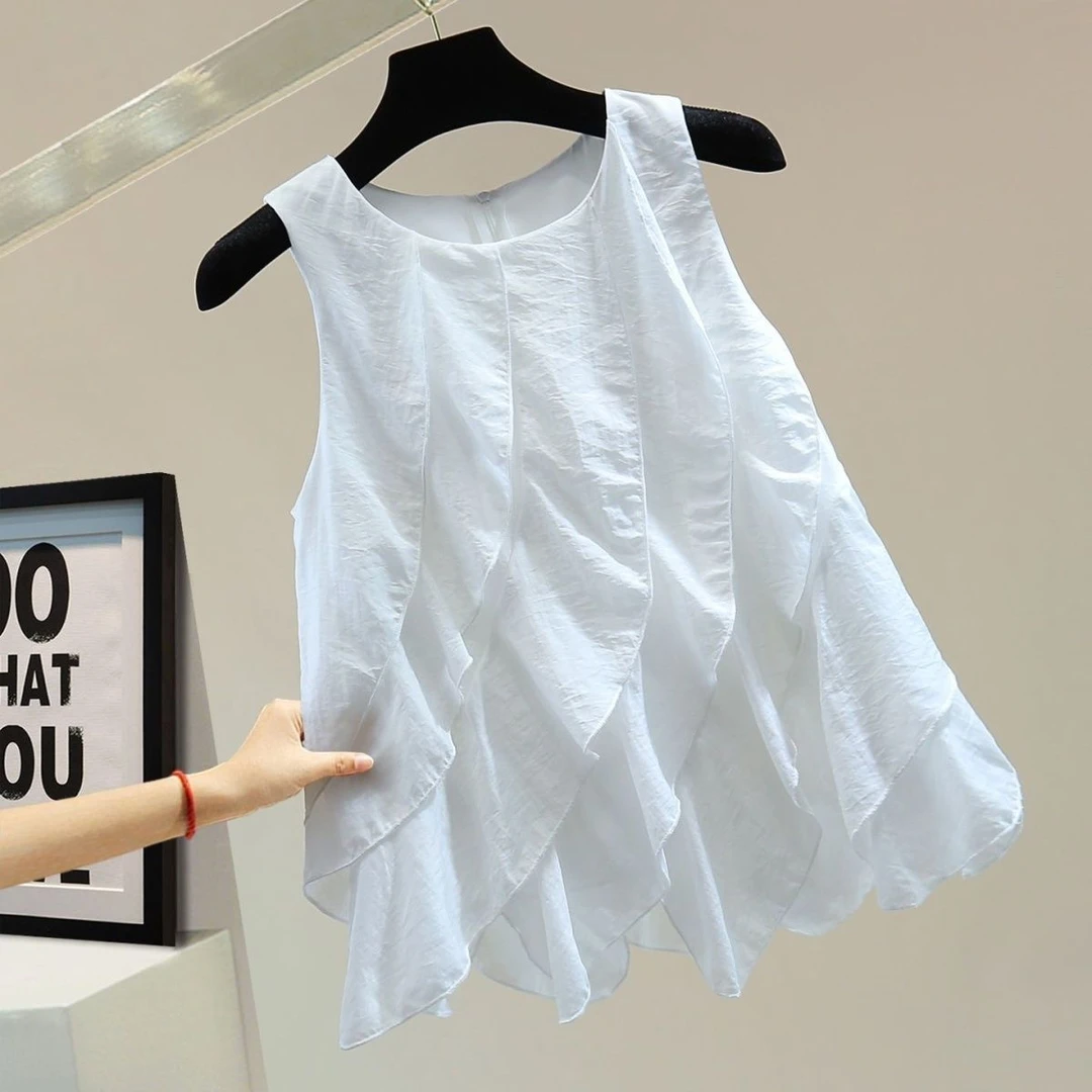 荷叶边拼接套头衬衫2025夏季韩版宽松显瘦纯色拉链休闲背心潮