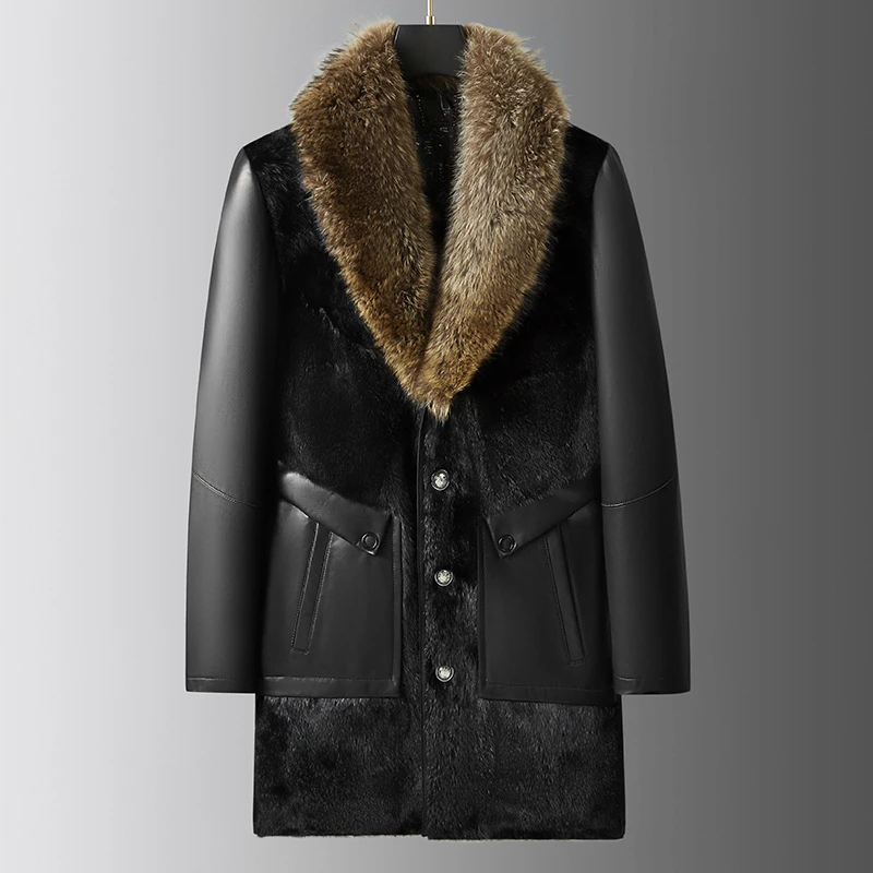 海宁真皮皮衣恒元祥男士貂毛领头层山羊皮拼水貂皮风衣保暖内胆