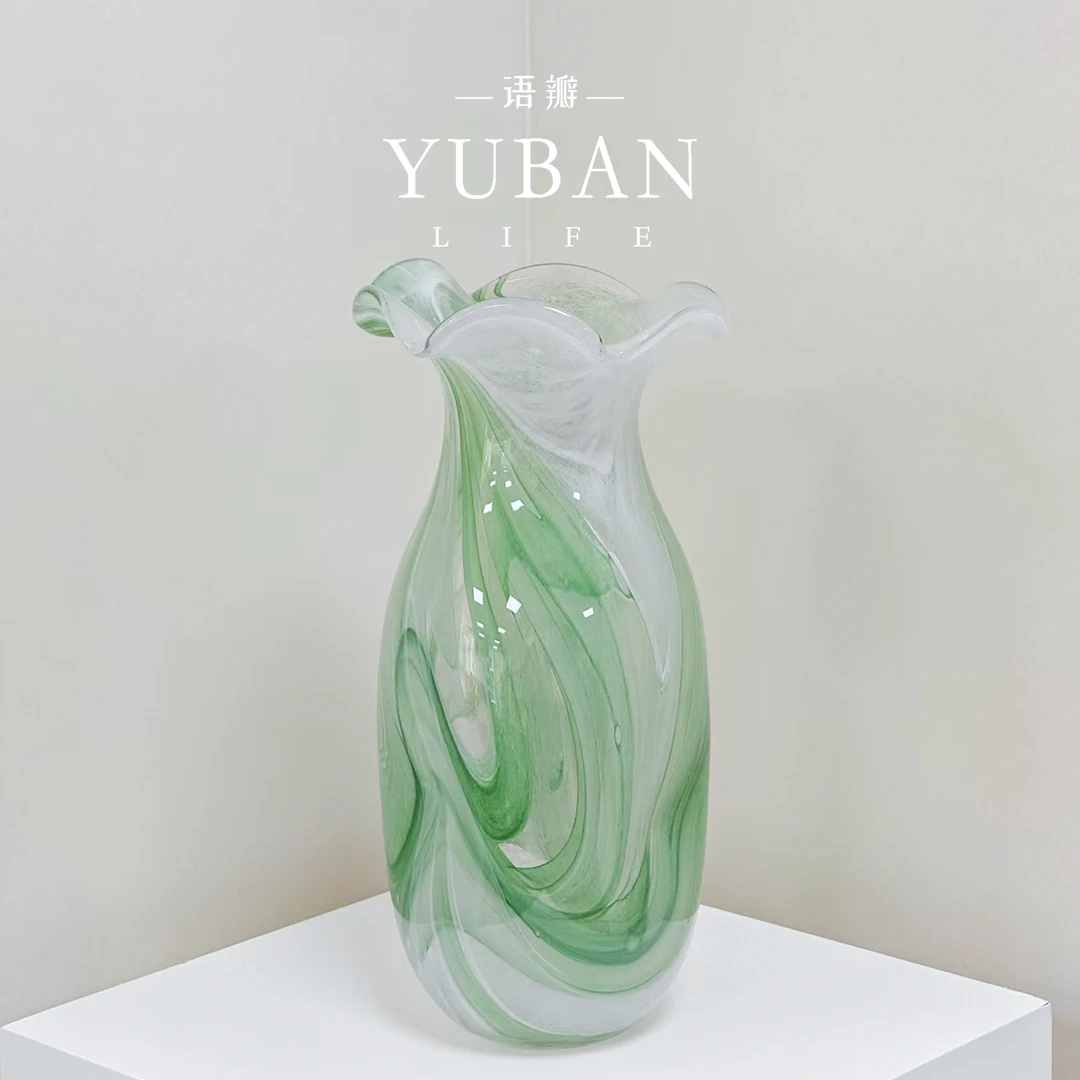 青萝 法式复古琉璃花瓶氛围感绿色手工波浪清冷感水养鲜花摆件