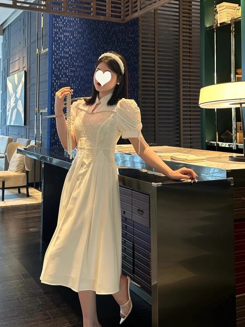 2025新中式改良旗袍连衣裙收腰显瘦泡泡袖国风长裙