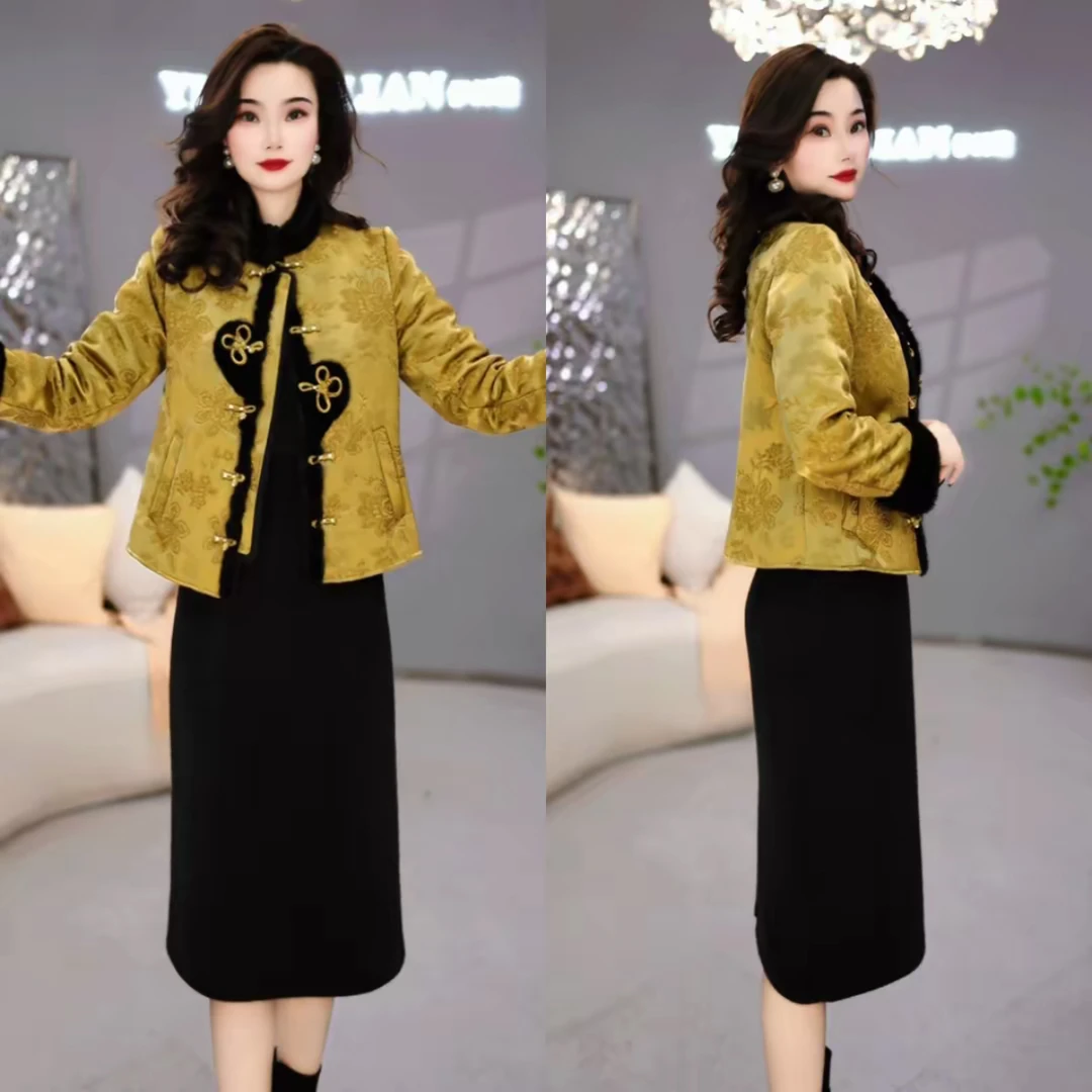 外套+连衣裙 2025冬季时尚女士中式复古黄色气质加厚套装裙M-4XL
