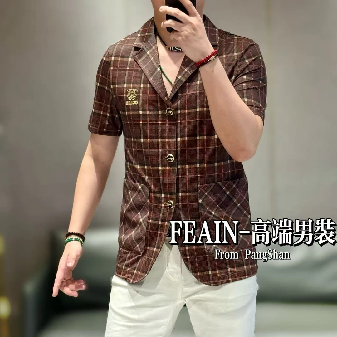 高端定制弹力莱卡经典格纹三色短袖小西装95100