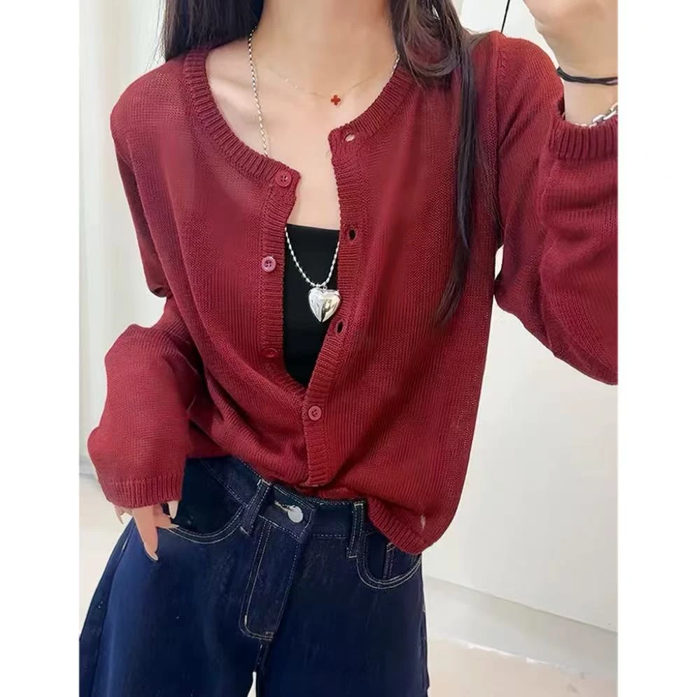 丽丽家~车厘子红长袖时尚百搭夏季镂空薄款纯色上衣