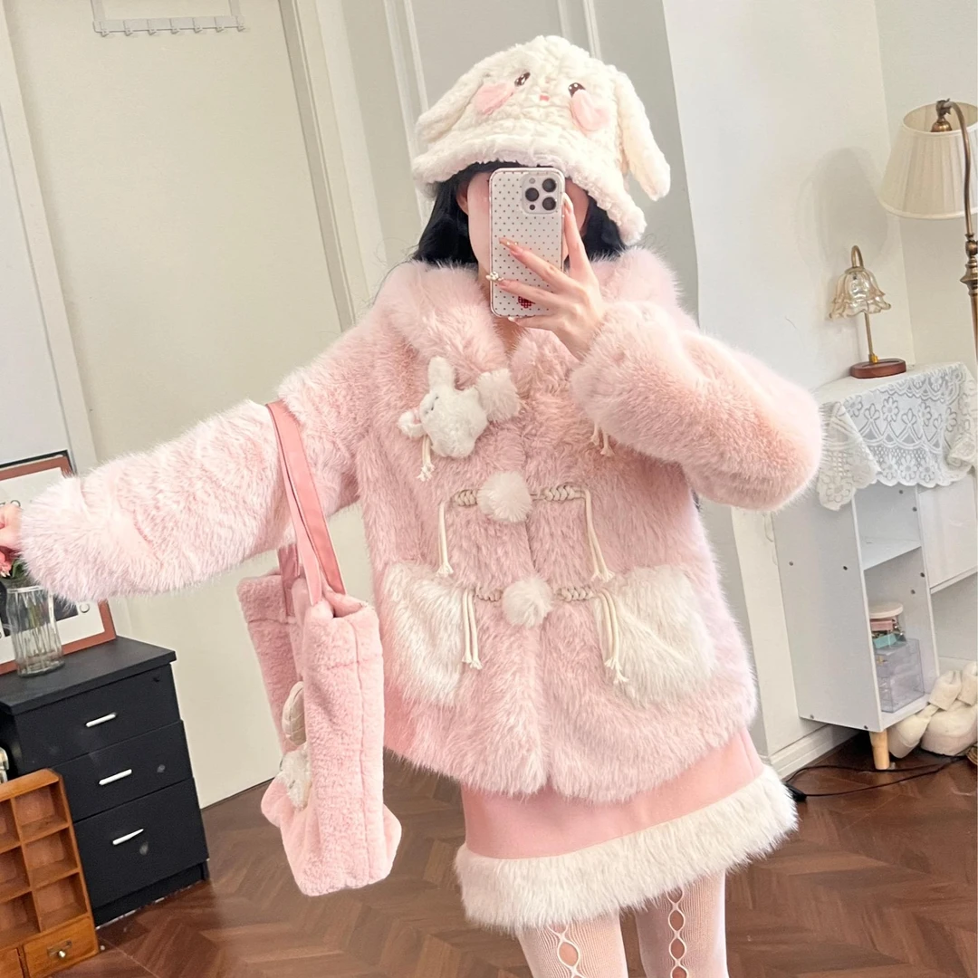 奶萌小熊 织物猪原创   冬季贝儿粉毛绒外套甜美减龄宽松保暖上衣