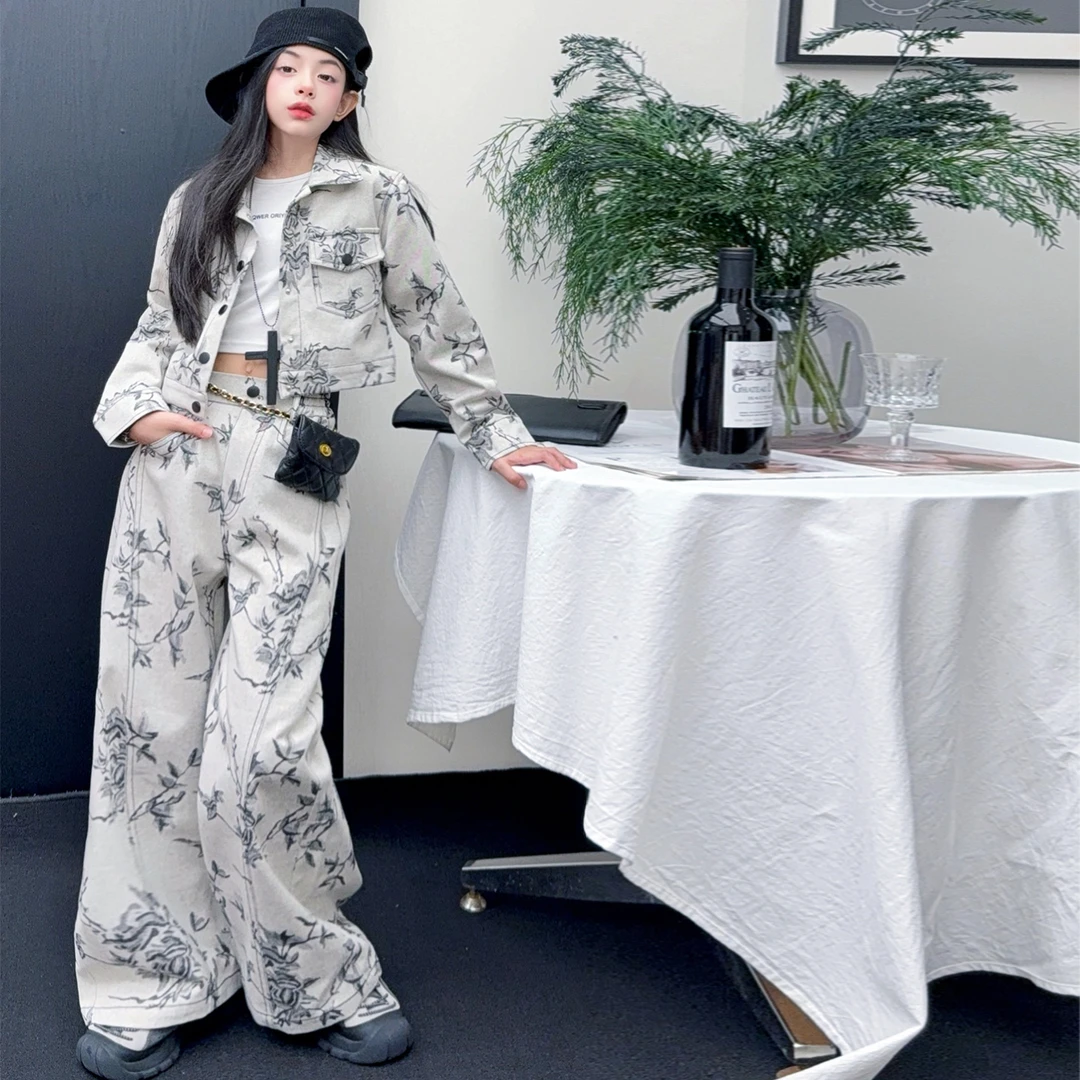 【酷哒仔】女童国潮风水墨感牛仔提花外套裤子两件套装2025秋季新款