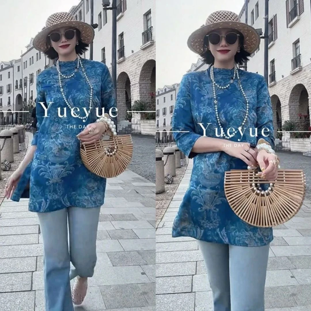 欧洲站2025夏季新款新中式国风精致别致显瘦高级感中长款立领衬衫