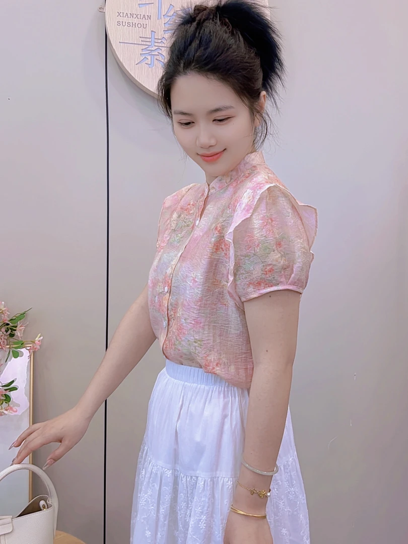 CS1250莫奈花园系列《粉玫瑰》短袖衬衫时尚莱赛尔天丝面料