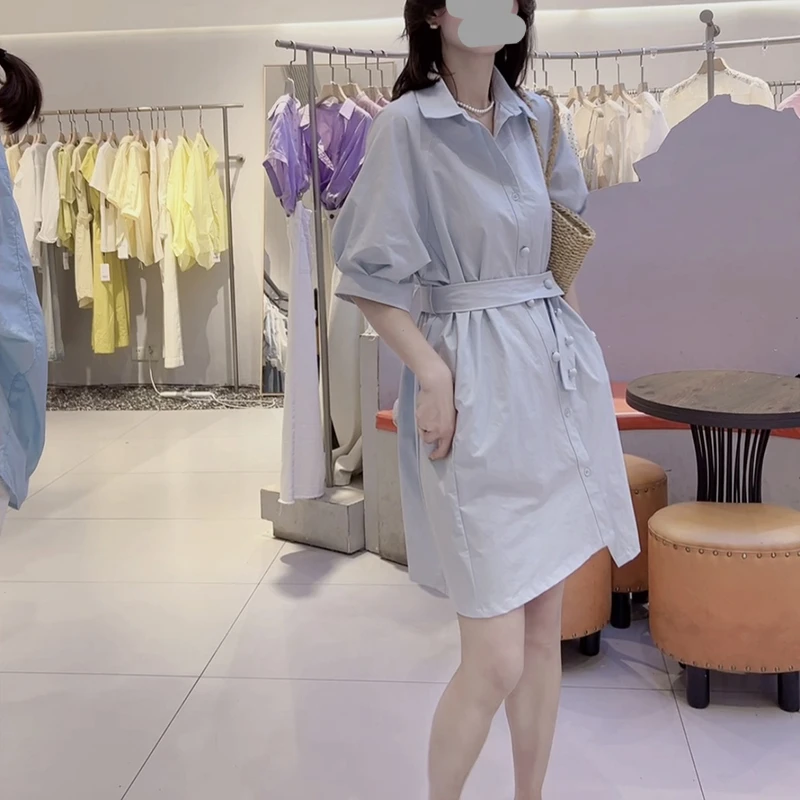 2025夏季新款Polo衬衫连衣裙显瘦收腰百搭带腰带衬衣裙女气质休闲