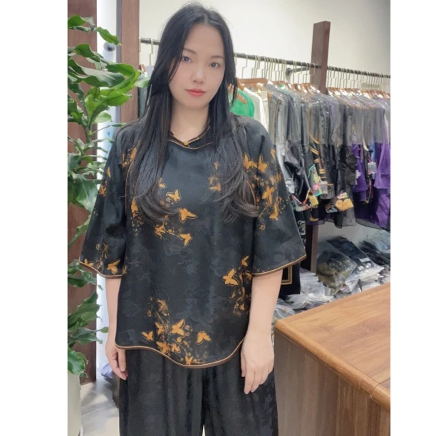 设计师原创100%桑蚕丝 花萝提花香云纱新中式国风夏薄款百搭上衣