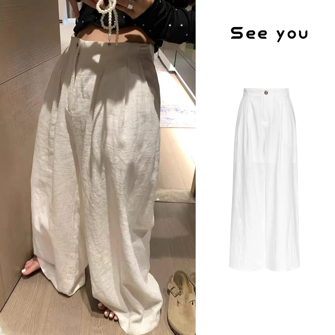 春夏老钱风纯色高腰棉麻阔腿裤女宽松显瘦垂感冰凉感休闲长裤X656