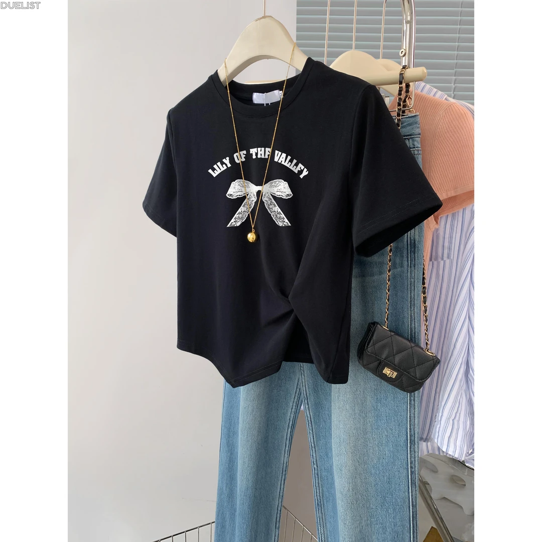 DUELIST美式黑色蝴蝶结短袖恤女夏不规则小个子短款正肩上衣新款