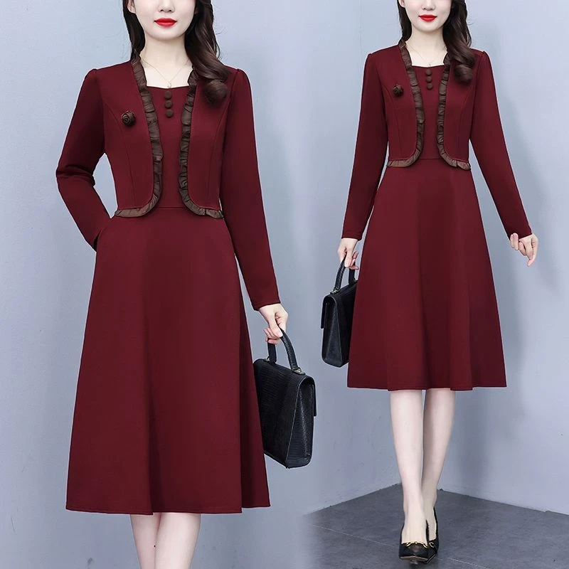 新年战袍秋冬新款时尚妈妈长袖假两件连衣裙气质显瘦中长款裙子