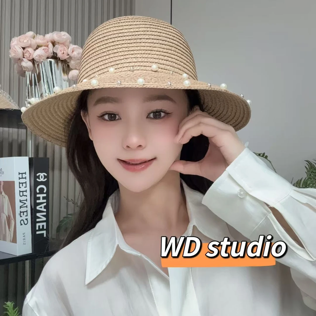 【WD】草帽女遮阳帽防晒帽度假氛围感韩系小清新气质海边显脸小珍珠