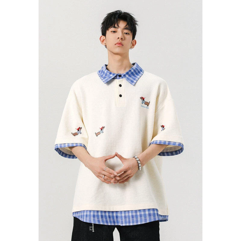 半袖羽绒百搭外套断码小狗刺绣假两件男款衬衫领上衣重磅衫日系