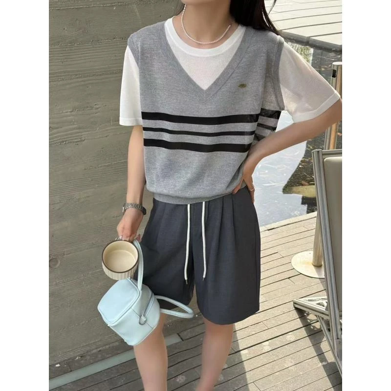 【假两件V领条纹】减龄学院风韩版时尚v领针织衫女夏新款短袖T恤