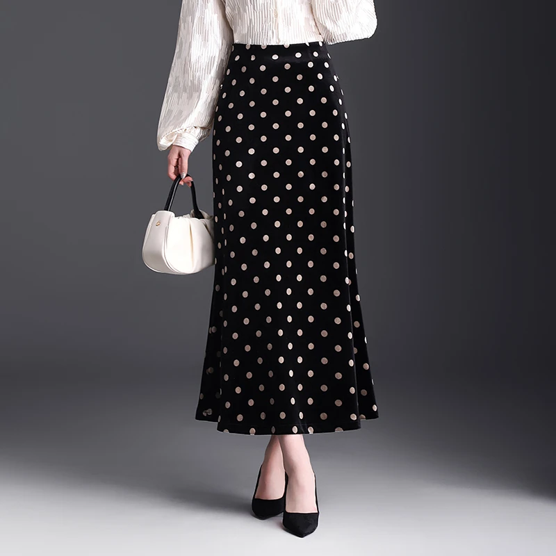 波点金丝绒半身裙女秋冬2025新款高腰显瘦中长款鱼尾裙包臀裙子