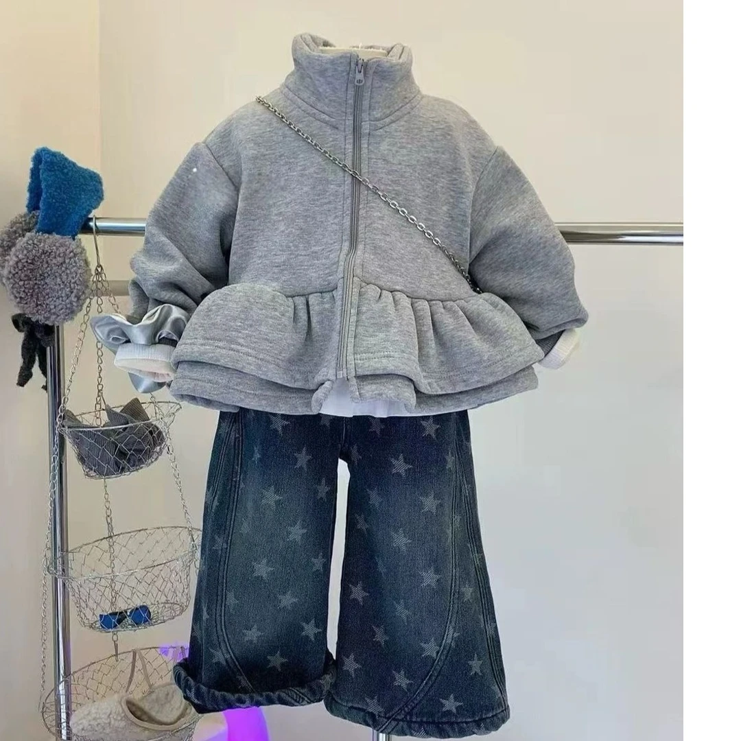 女童加绒外套秋冬2025双层花边下摆拉链衫休闲开衫miu系花苞卫衣