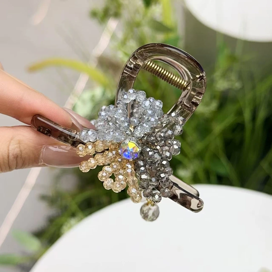 【如梦令】精品水晶韩系轻奢原创单花流苏高八抓夹1816