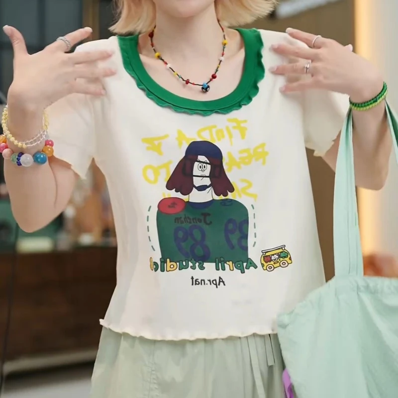 2025新款夏季时尚百搭宽松小众减龄花苞边圆领短袖T恤LK2504688