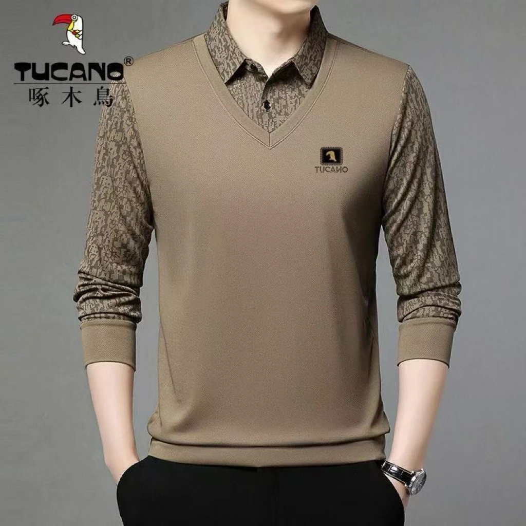 啄木鸟春季新款中青年男士长袖T恤宽松翻领假两件上衣打底polo衫