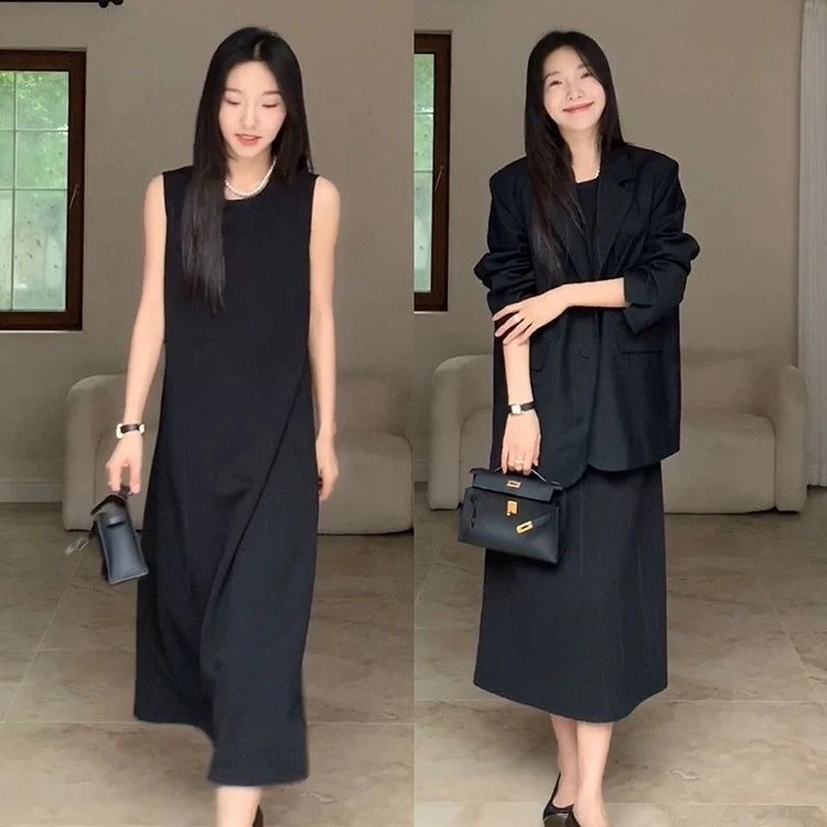 气质连衣裙宽松西装赫本显瘦小黑裙西装经典宽松遮肉百搭显瘦裙