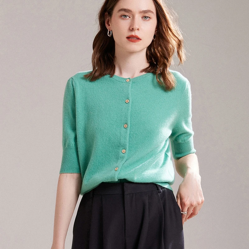 女士100%山羊绒五分袖开衫精致简约时尚气质百搭软糯舒适