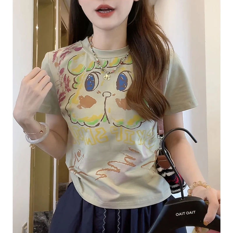 卡通涂鸦印花圆领短袖T恤女夏季新款时尚百搭洋气显瘦短款上衣潮