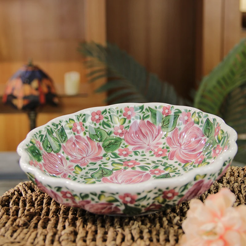 陶瓷釉下彩高温复古清新餐具家用盘子汤盘菜盘花边盘