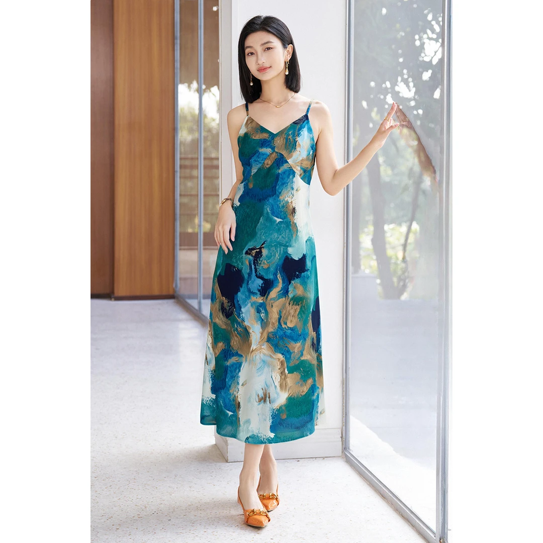 皖儿夏季优雅淑女时尚印花设计感显瘦无袖吊带连衣裙5T25BL1546