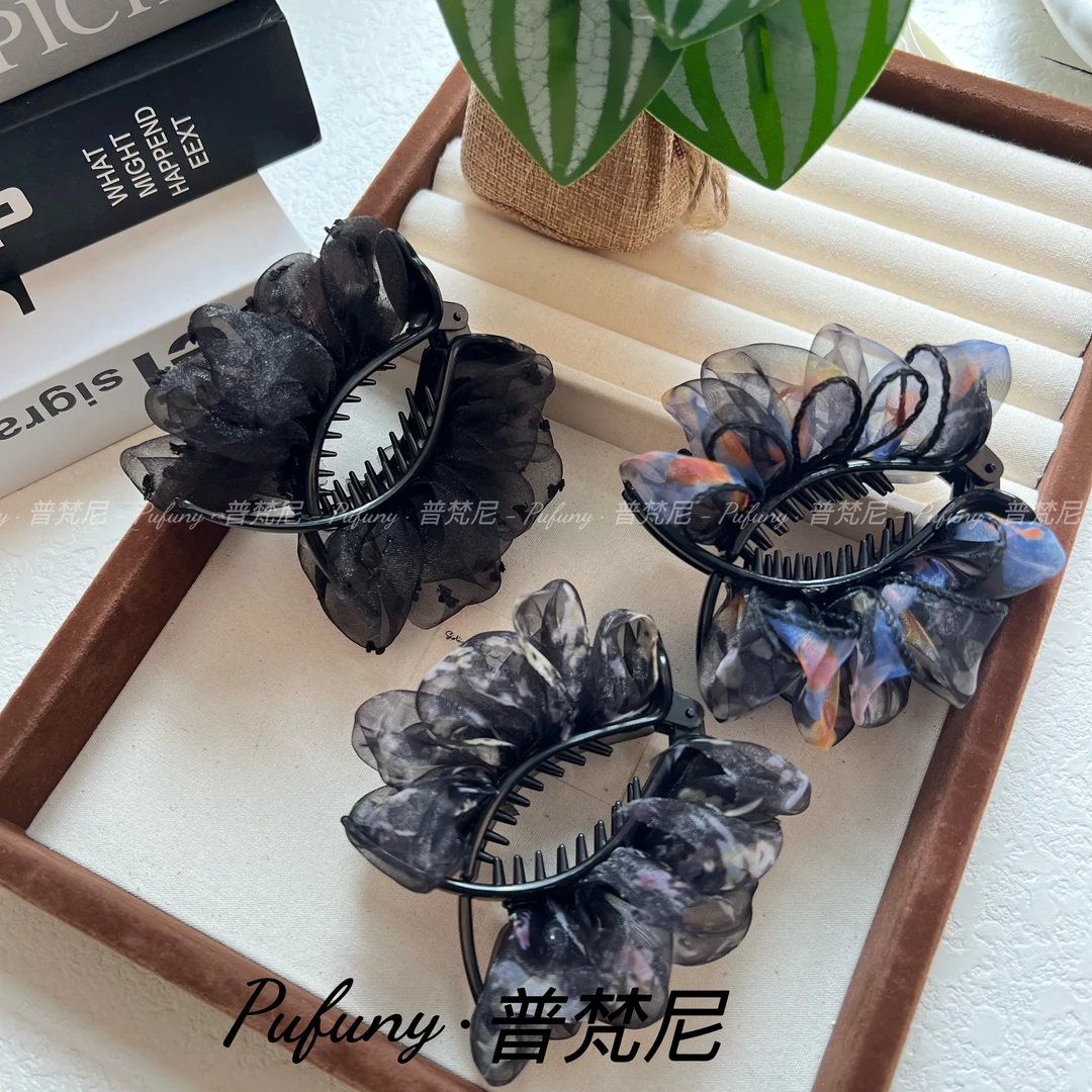 2025春季新款褶皱款气质百搭网纱款简约优雅丸子抓夹