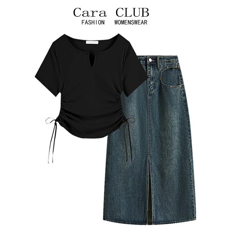 Cara CLUB大码微胖减龄套装女夏季减龄不规则短袖t恤半身裙两件套