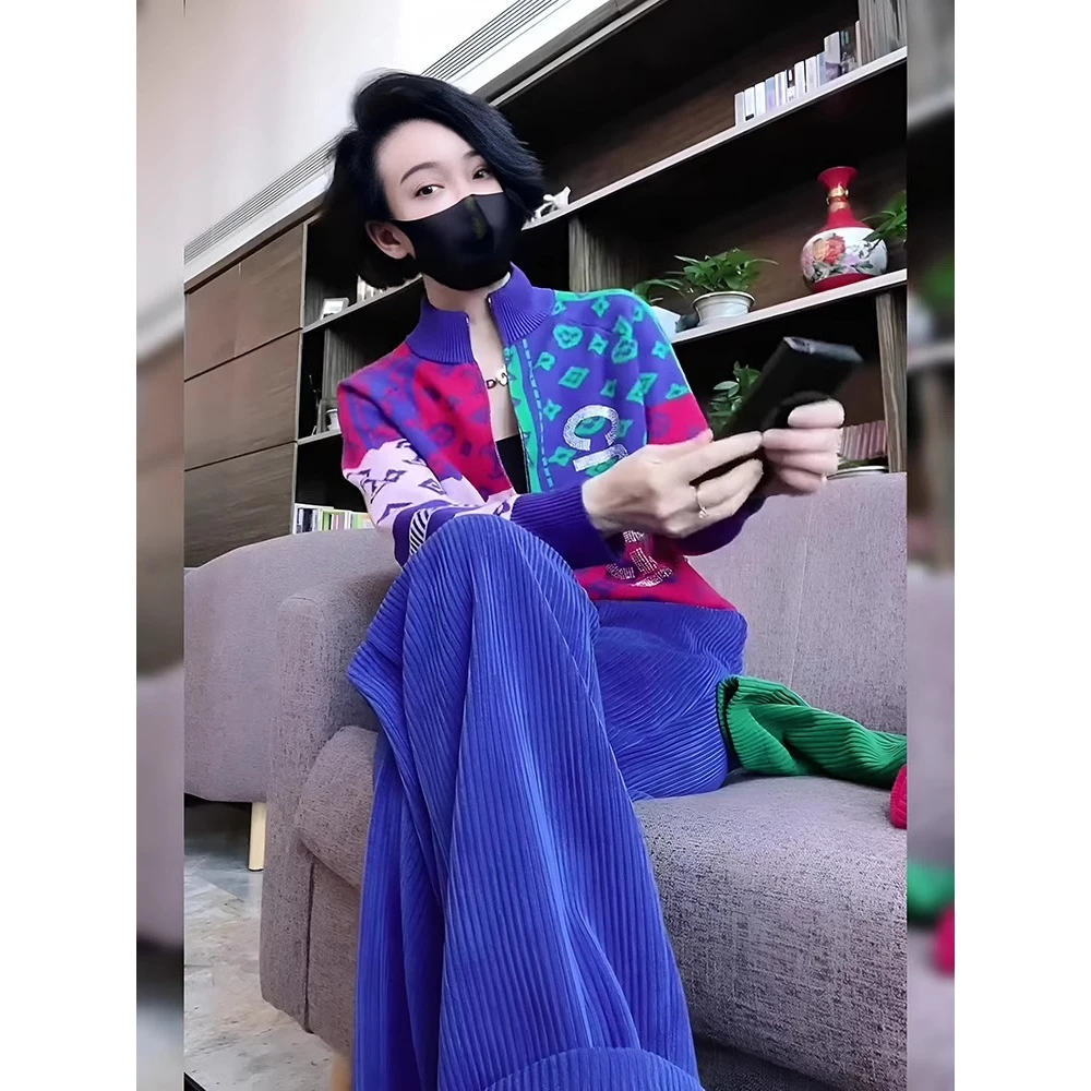 蓝色休闲运动套装女秋装欧货高端印花针织开衫长裤搭配两件套