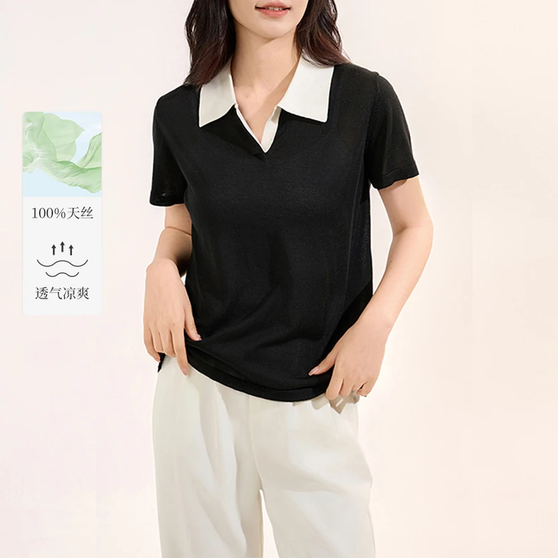 2025夏季新款撞色抗皱翻领短袖女凉感显瘦T恤透气宽松职场休闲风