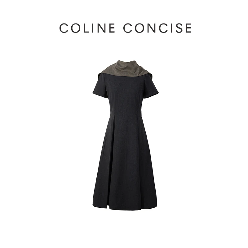 COLINE CONCISE25SS小众设计_正反两穿层次压褶陨石灰西装连衣裙