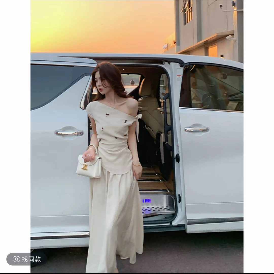 亮钻设计镂空小飞袖上衣高腰半身裙女2025夏季新款小众气质两件套