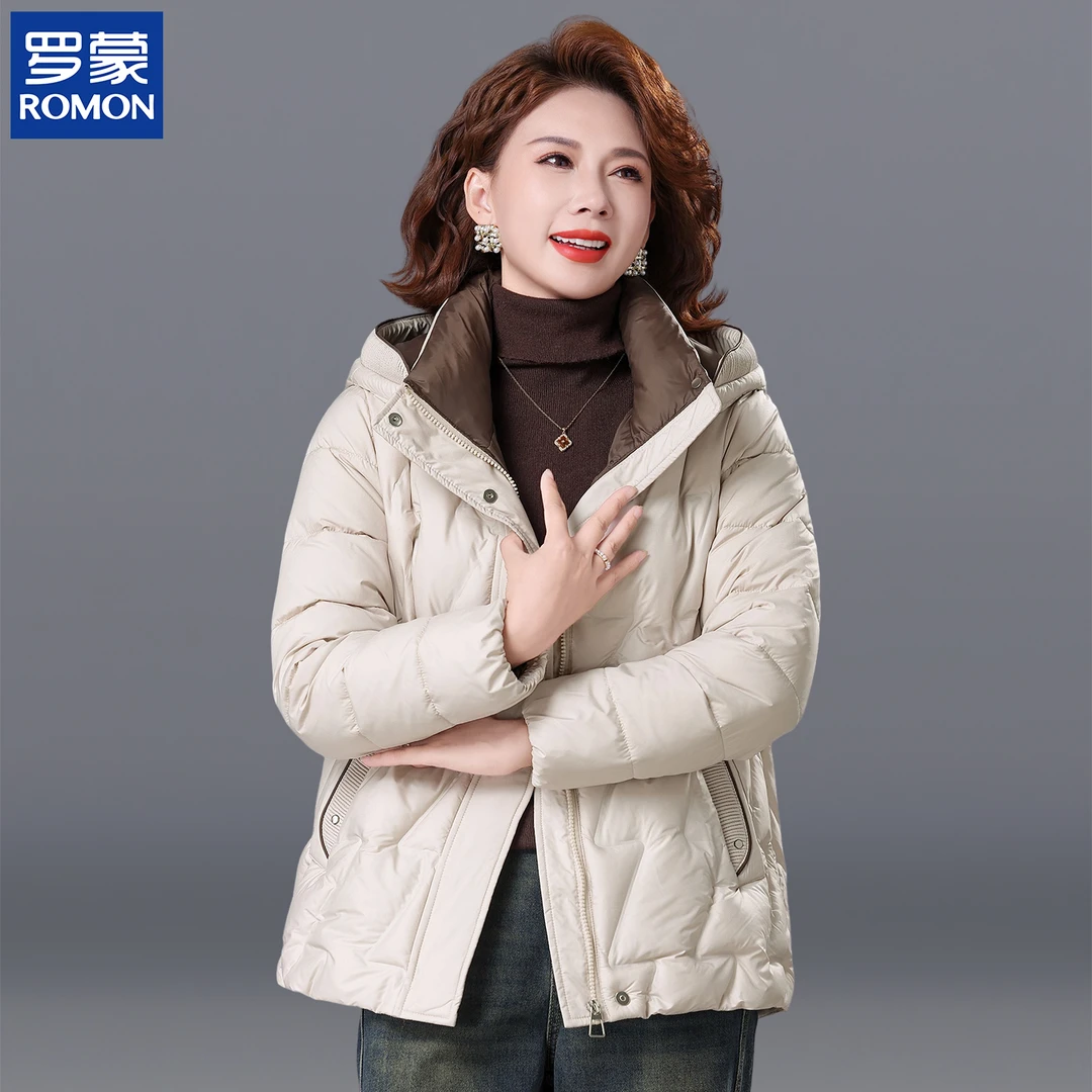 罗蒙时尚妈妈冬装保暖棉服中年纯色连帽休闲外套中老年女新款棉衣