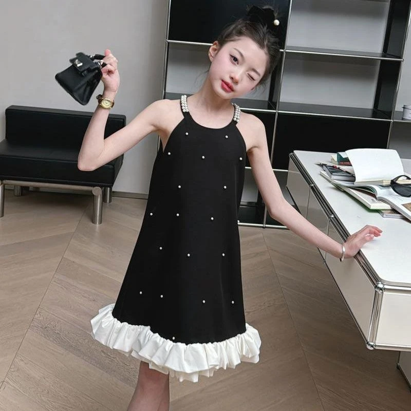 女童小香风吊带裙2025钉珠夏装新款儿童女孩荷叶边连衣裙中大童裙