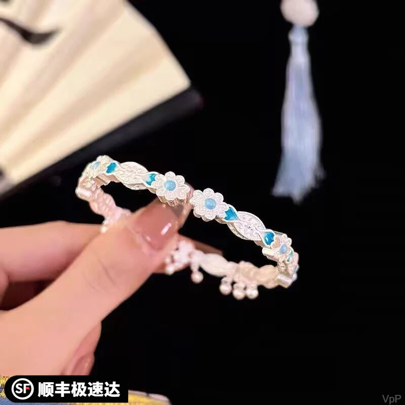 银9999珐琅蓝色小花手镯女古法开口手环流苏国风女友礼物