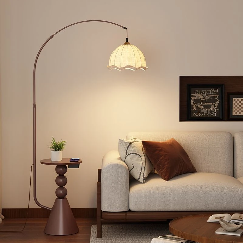 美式复古钓鱼落地灯客厅中古沙发旁边几摆件卧室高级置物架一体灯