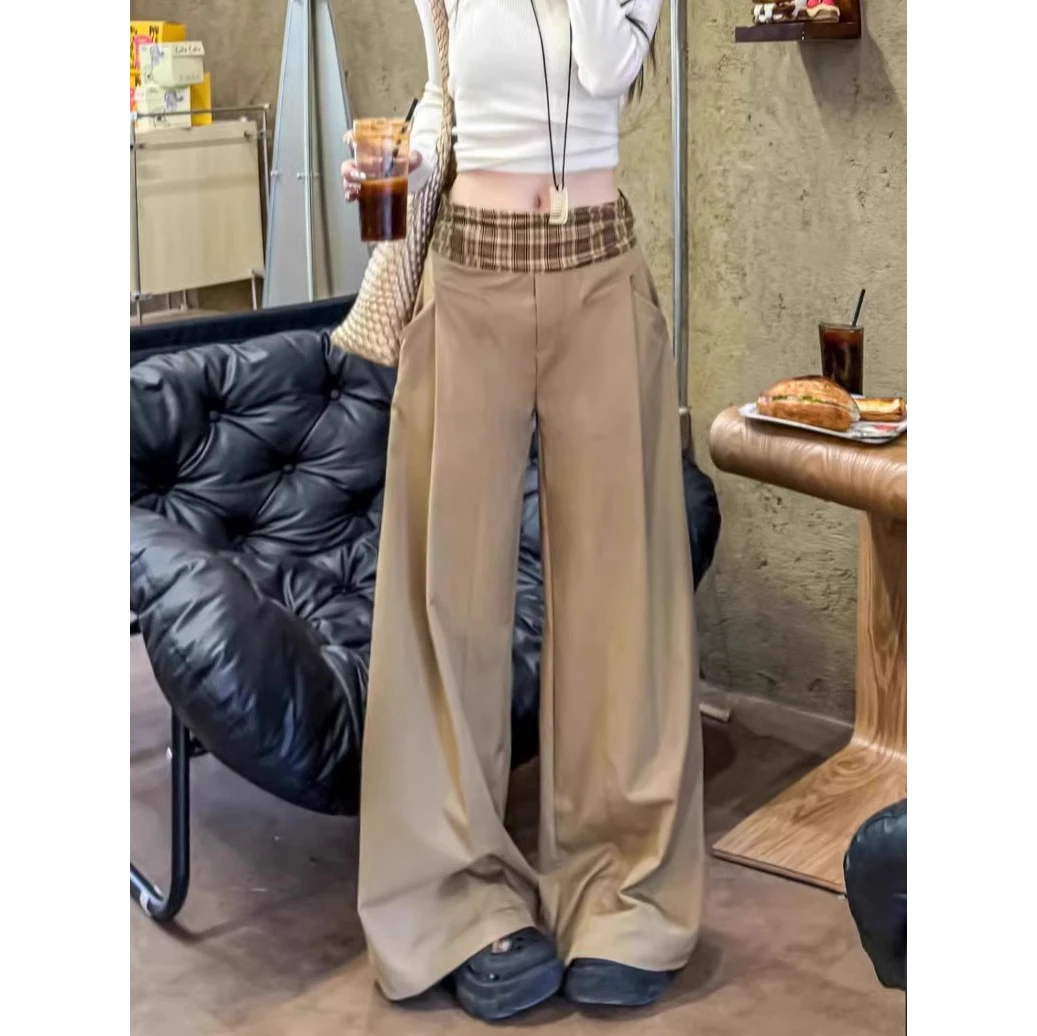 卡其色格子拼接阔腿裤宽松休闲裤女春季高腰直筒裤垂感拖地长裤