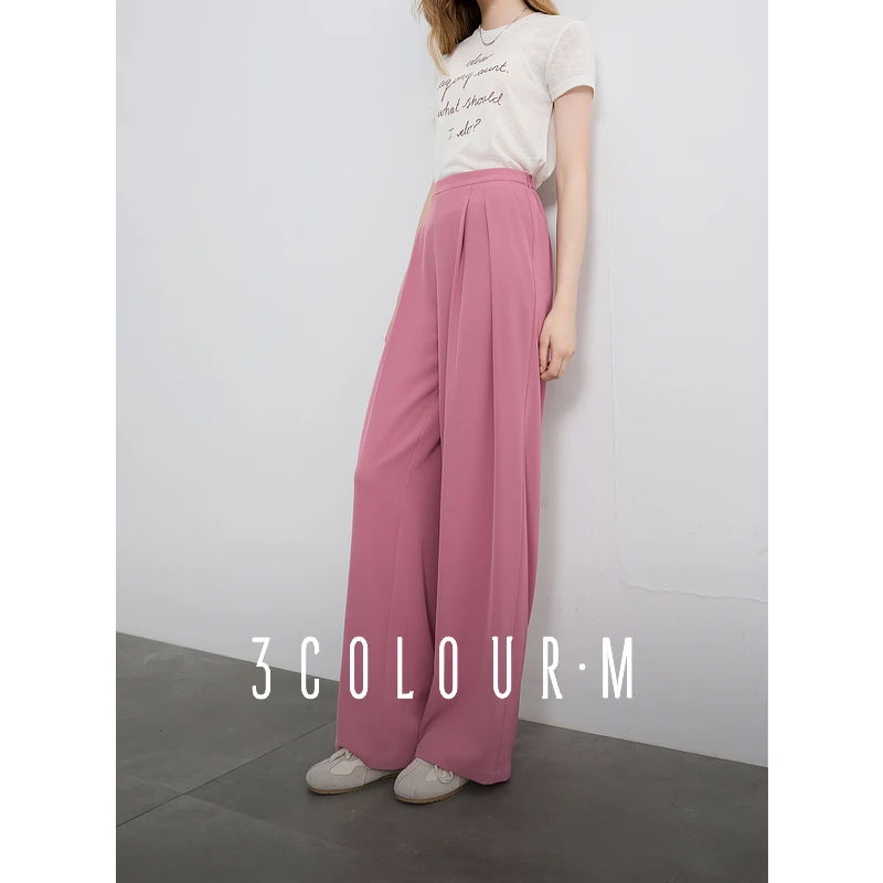 三彩2025春季新款多巴胺休闲裤松紧宽松直筒阔腿裤长裤M