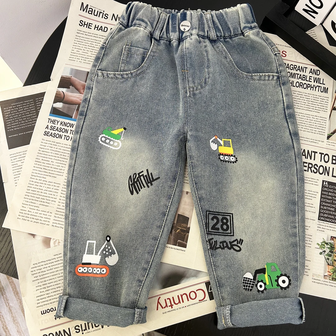 【犇杰】儿童长裤中小童春款牛仔裤男女童裤子印花小挖机牛仔裤2510